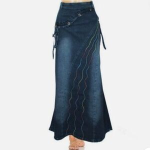Mermaid Fishtail Style Embroidered Boho Stretch Maxi Cargo Blue Jean Denim Skirt